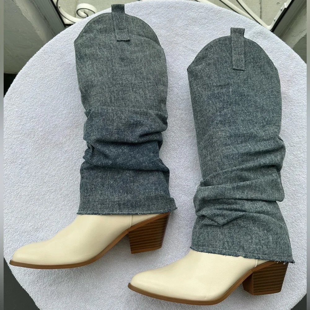 Fashion Nova Coolest In The Streets Knee High Boots Dark Denm Size 9 NWT - Picture 3 of 15